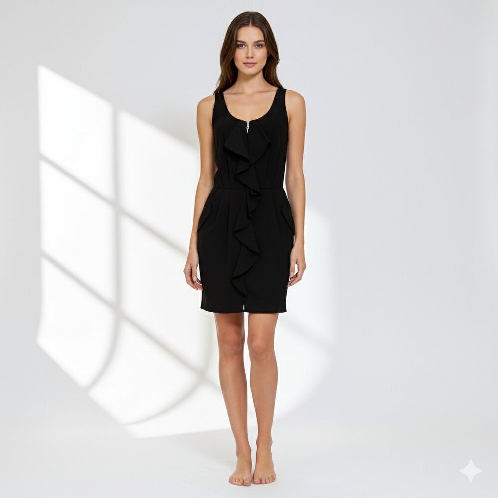 NWT Cynthia Steffe Wool Blend Cascade Sleeveless Midi Dress Black Women 4‎